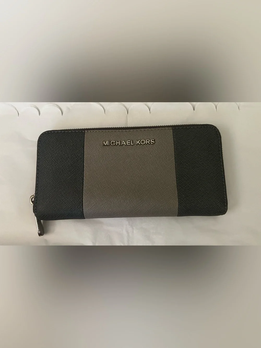 Michael Kors Black and Gray Zip-Around Saffiano Wallet